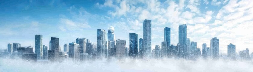 Fototapeta premium Heavy Snow Covers Cityscape in Winter Wonderland with Cloudy Sky and Rising Buildings