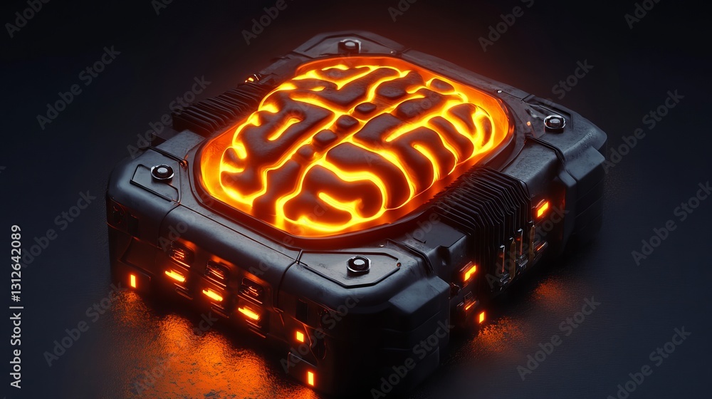 Poster glowing brain in futuristic metallic cube digital art abstract technology artificial intelligence ne