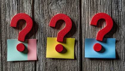 Red Question Marks on Notes, Wood Background