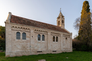 Fototapeta premium The old Waldheim Church with it's beautiful steeple built by in the Templar style by Germans in Alonei Abba in Israel. 