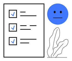 Document checklist with blue checkmarks, neutral face emoticon, and abstract plant illustrations. Ideal for task planning, organization, evaluation, minimalism, productivity, workflows flat simple