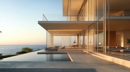 Fototapeta premium Modern Coastal Villa, Sunset Serenity