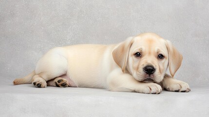 Adorable Yellow Labrador Retriever Puppy Lying on Grey Background