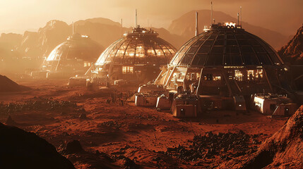High-tech Martian base with advanced biodomes, automated farming systems, and high-tech infrastructure in a dusty red environment