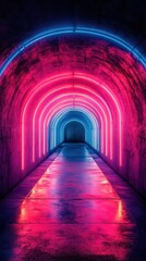 Obraz premium Colorful neon lights illuminate a dark tunnel creating a vibrant pathway in an urban setting at night