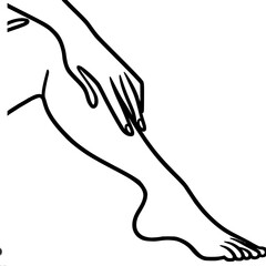 Obraz premium Simple vector outline line illustration of female hand on smooth bent leg, shaved legs, left side view