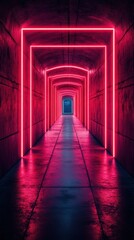 Fototapeta premium Futuristic corridor illuminated by neon lights in a dimly lit underground passageway