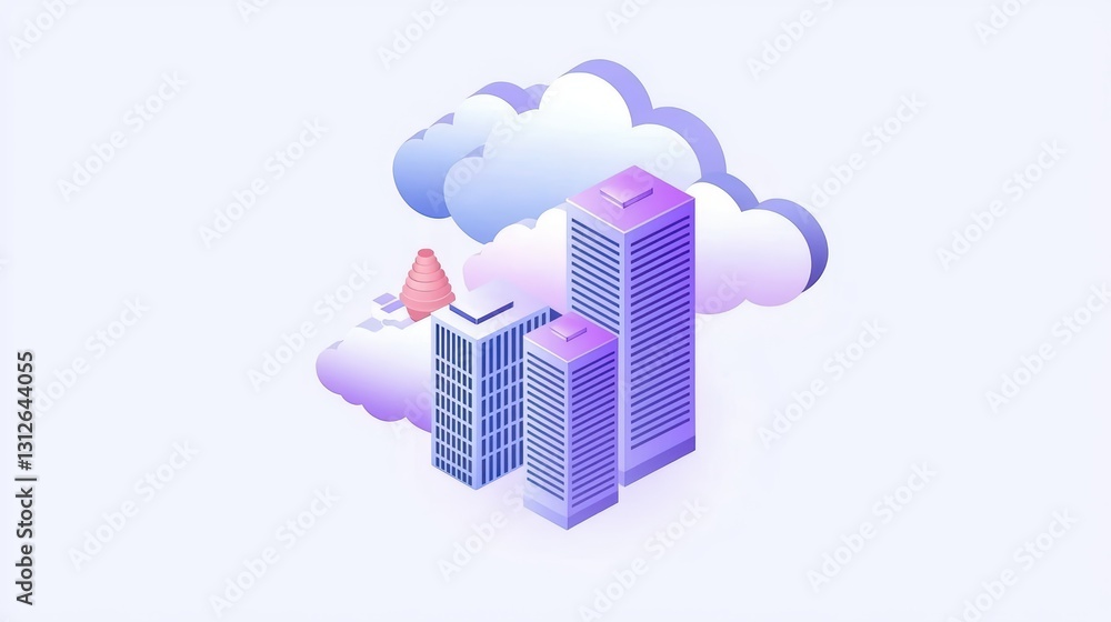 Poster futuristic cityscape with clouds and digital elements representing cloud computing concept