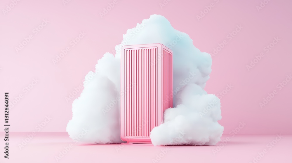 Poster secure cloud storage concept with encrypted data transfer surrounded by soft pink clouds