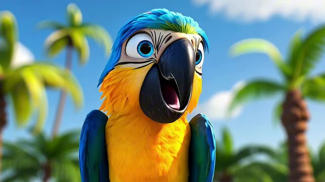 Happy blue and yellow parrot cartoon character talking animation against a tropical background