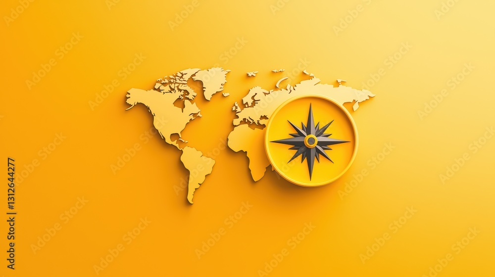 Aufkleber compass on world map symbolizing global navigation and exploration in bright yellow background
