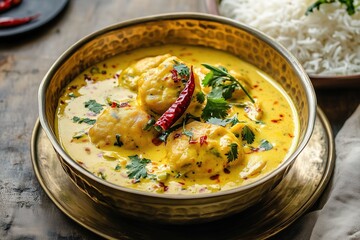 Traditional Indian Kadhi Pakoda with Steamed Basmati Rice, Pickled Chilies, and Ghee Drizzle in Brassware