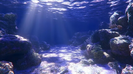 Obraz premium Submerged Rocks and Sunbeams in a Dark Blue Ocean