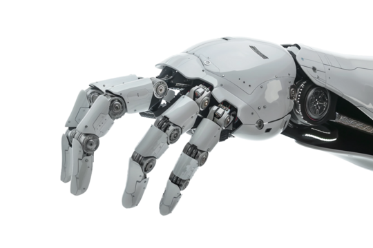 Smart robotic hand showcasing a virtual object with precision isolated on transparent background
