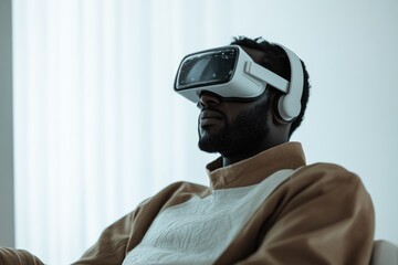 A man wearing a VR headset, experiencing immersive virtual reality technology.