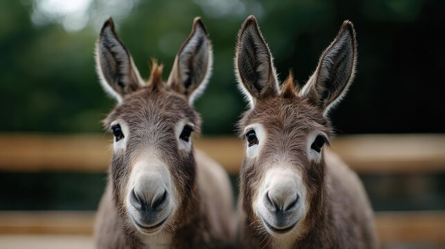 Portrait of Two Brown Donkeys Close Up