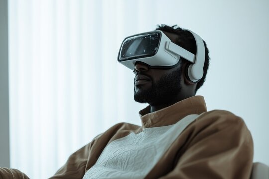 A man wearing a VR headset, experiencing immersive virtual reality technology. - Powered by Adobe