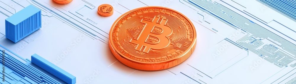 Poster orange bitcoin coin on abstract digital background representing cryptocurrency and blockchain concep