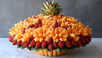 Pineapple-topped fruit arrangement on marble