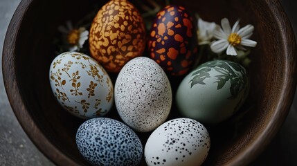 Obraz premium Wooden bowl filled with six eggs. the eggs are of different colors and patterns, including orange, brown, black, white, and green.