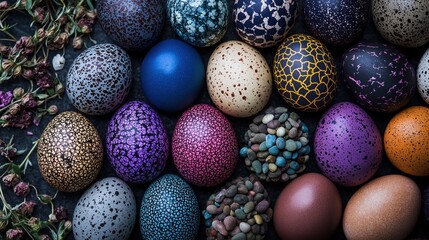 Obraz premium Close-up of a group of colorful easter eggs arranged in a circular pattern on a dark background. the eggs are of different sizes and colors, including blue, purple, pink, orange, and brown.