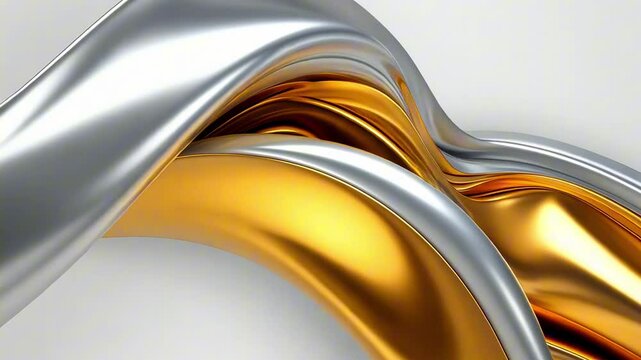 Metallic silver and gold waves flowing and swirling on a white background create an abstract and luxurious visual