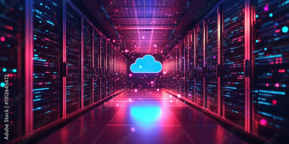 Poster visual representation of cloud computing technology in a data center with vibrant colors and lightin