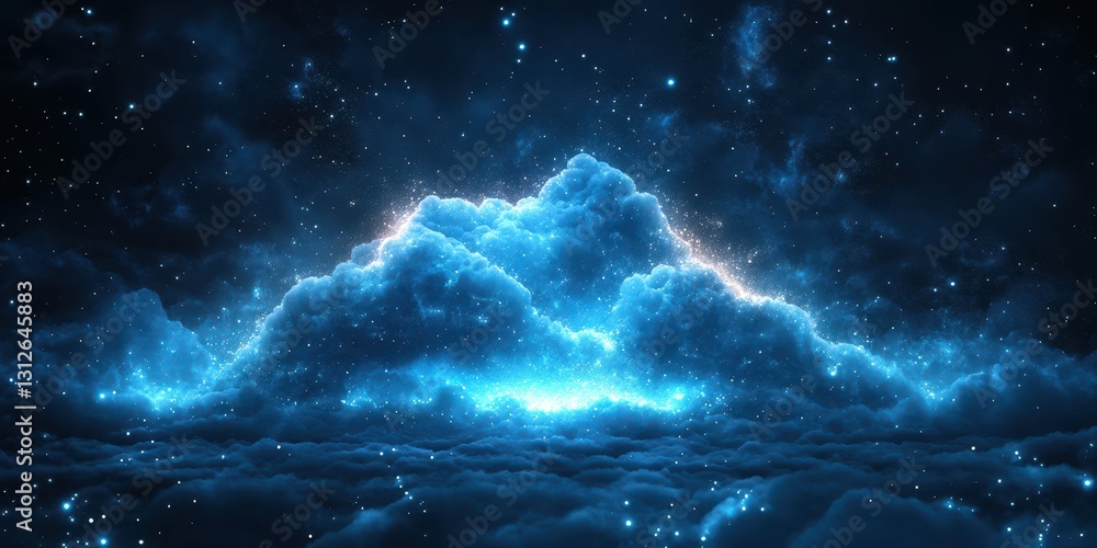 Poster clouds illuminated by cosmic light create a stunning celestial display in a night sky filled with st