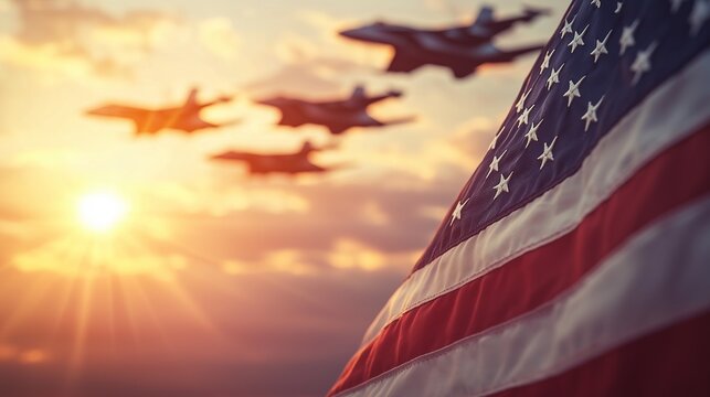 Blurred background of a close-up of an American flag, and a formation of modern fighter jets in the background,