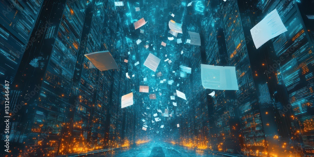 Poster digital data flow through a futuristic data center with floating documents and glowing lights