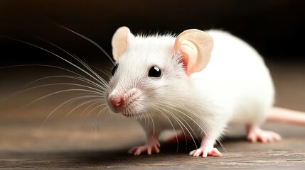 Closeup of a White Mouse on a Dark Wooden Surface