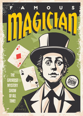 Magician retro poster design. Vintage promotional advertisement for magician show. Vector retro illustration.