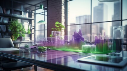 Three-dimensional graphs and charts in vibrant purple and neon green, floating above a transparent table