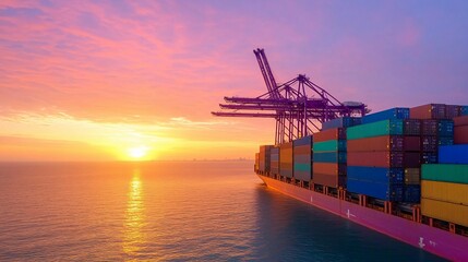 A large cargo ship transports goods across the ocean at sunset