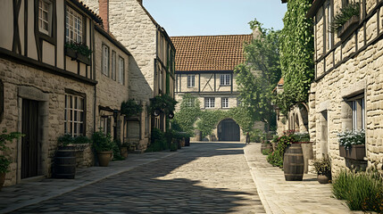 Obraz premium Sunlit Cobblestone Street in Medieval Town