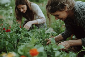 An older mother with her daughter gardening together, tending to fresh plants in a lush green garden, symbolizing bonding, sustainability, and a love for nature