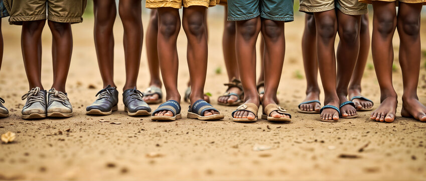 Group Of African Children In Poverty Standing in Row in Worn Out Shoes, Banner with Copy Space