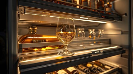 A beautifully arranged refrigerator showcasing a glass of whiskey and various bottles.