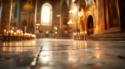 Panoramic view of a greek orthodox church interior with candles and iconography