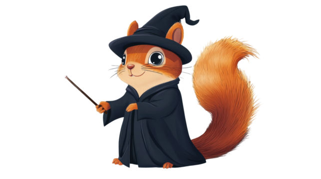 Cute squirrel wizard casting a spell with magic wand on transparent background