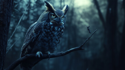 A majestic owl perched on a branch in a misty nighttime forest, its sharp gaze locked in intense focus, embodying mystery and stealth. Image made using Generative AI.