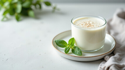 Warm cup of frothy milk with a sprinkle of cinnamon on top, sitting on a white plate with mint leaves, surrounded by plants.