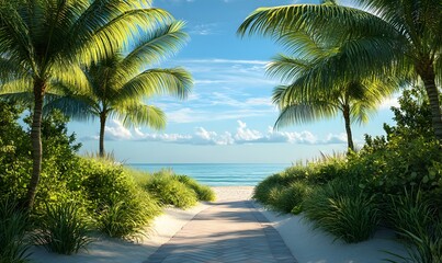 Fototapeta premium A Beautiful Path Leading to the Ocean with Palm Trees and Blue Sky above