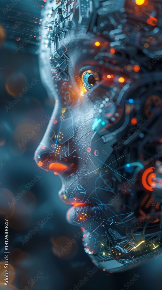 Poster portrait of a futuristic robotic face with intricate details and glowing circuitry at a sci-fi inspi