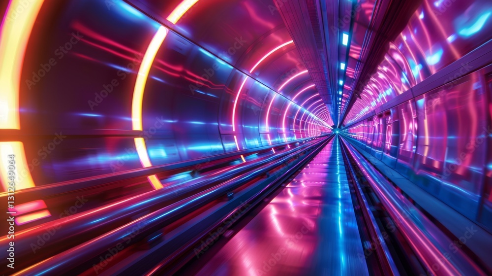 Poster vibrant neon tunnel with reflective surfaces and dynamic lighting in an urban setting