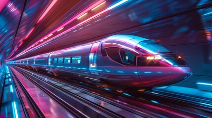 Fototapeta premium High-speed train navigates through a futuristic tunnel illuminated with vibrant neon colors at night