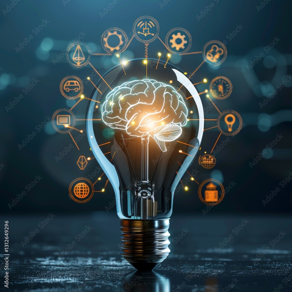Poster innovative concept of intelligence represented by a light bulb with a glowing brain and technology i