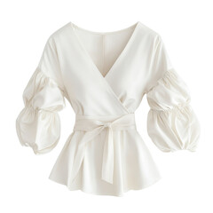 Elegant White Wrap Top with Puff Sleeves . Transparent background PNG