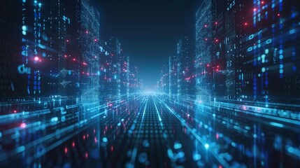 Digital landscape showcasing futuristic city with glowing data streams and vibrant technology