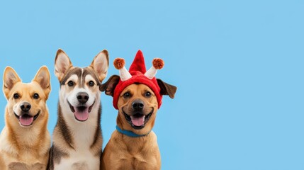 Happy Dogs in Colorful Costumes Posing Together Against a Bright Blue Background